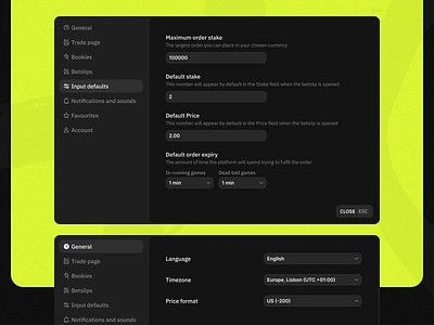 Mollybet: Desktop settings analytics app application betting bookmaker dark design desktop interface menu modern mollybet neon product design settings sports ui user interface ux web design