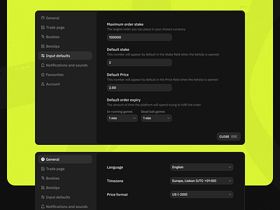 Mollybet: Desktop settings analytics app application betting bookmaker dark design desktop menu modern neon product design settings sports trade trading ui user interface ux web design