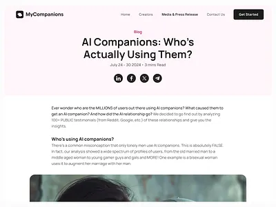 MyCompanions Blog ai blog creator design desktop ui website