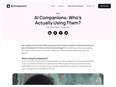 MyCompanions Blog ai blog creator design desktop ui website