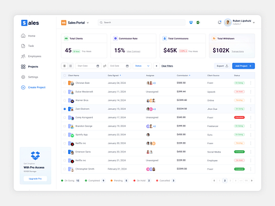 Sales Portal - Project Listings admin panel crm dashboard dropbox filter ui list items pages project list project management project status sales portal uiux design