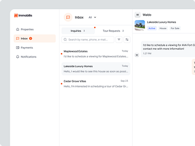 Immobilis - Inbox b2b b2c chat desktop app inbox inquiries message message modal messages minimal properties saas sidebar text area web app