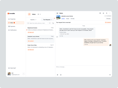 Immobilis - Inbox / tour requests b2b b2c chat clean inquiries message minimal product design properties real estate saas sidebar web app