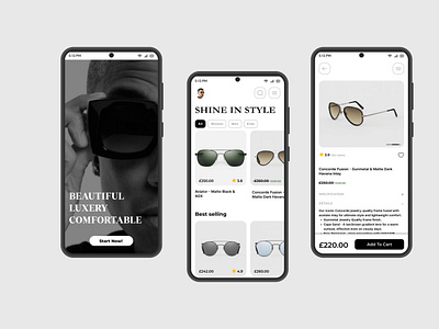 Sunglasses Shopping App add to cart android app black and white buy concept e commerce glasses graphic design model online shopping price purchase shop shopping shopping app sunglasses ui ux