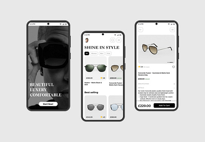 Sunglasses Shopping App add to cart android app black and white buy concept e commerce glasses graphic design model online shopping price purchase shop shopping shopping app sunglasses ui ux