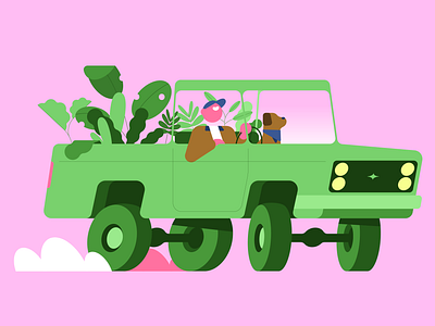 landscaping branding car character design dog driving editorial flat gardening illustration landscaping pickup plants