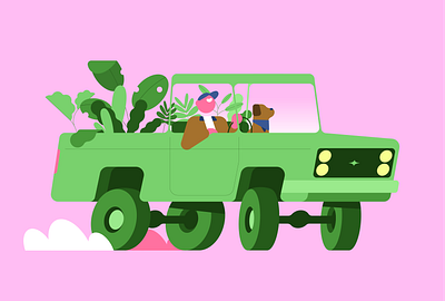 landscaping branding car character design dog driving editorial flat gardening illustration landscaping pickup plants