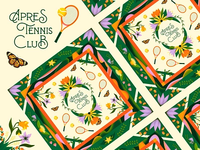 Tennis Club | Silk Bandana Illustration artwork bandana butterfly colorful digital illustration floral floral pattern freelance illustrator gradients graphic design illustration illustrator scarf silk bandana surface pattern tennis