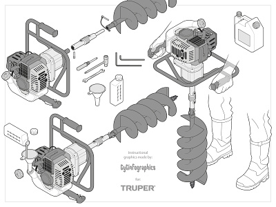 Earth Auger, Instructional Graphics adobe illustrator drill farm work farmer gas tool gasoline handyman how does it work instructional graphics isometric manual owners manual step by step systematic design tech technical drawing technical graphics technical illustration vector graphics