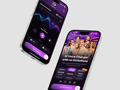 AI Voice Changer & Music Cover App ai app audio celebrities changer cover filters mobile music paywall player remix song sound subscription track ui ux voice