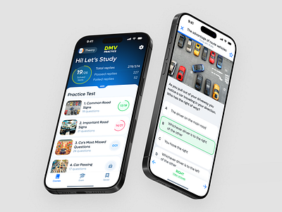 DMV Practice Test: Driver Preparation App app car dmv driving education knowledge laws license mobile permit practice questions road signs study test traffic ui ux vehicle
