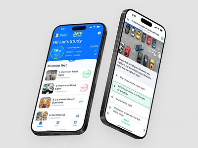 DMV Practice Test: Driver Preparation App app car dmv driving education knowledge laws license mobile permit practice questions road signs study test traffic ui ux vehicle