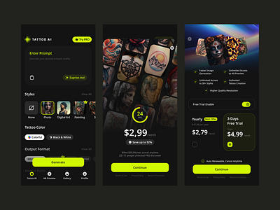 Tattoo AI - App UI ai app application artificial intelligence camera design discount generating image interface onboarding premium pricing prompt subscribe tattoo timer ui ux