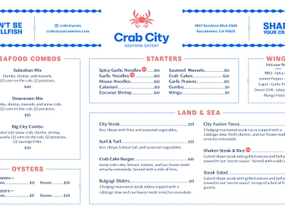 Crab City Menu Design blue brand branding crab crab city identity logo menu ocean orange print print design print menu restaurant restaurant menu seafood seafood menu type typography water