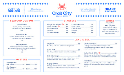 Crab City Menu Design blue brand branding crab crab city identity logo menu ocean orange print print design print menu restaurant restaurant menu seafood seafood menu type typography water