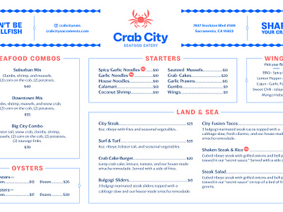 Crab City Menu Design blue brand branding crab crab city identity logo menu ocean orange print print design print menu restaurant restaurant menu seafood seafood menu type typography water