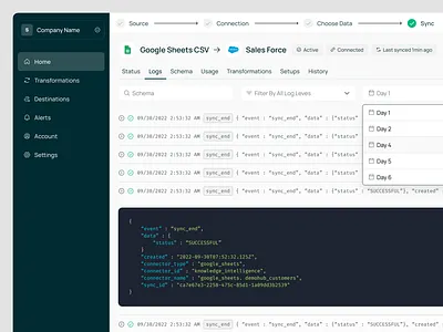 Data Transfer Logs Dashboard api app b2b code dashboard data desktop developer tools interaction operations product design saas salesforce software systems transfer ui ux web web app