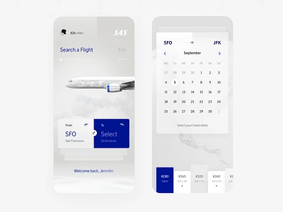 SAS iOS application design by Milkinside 3d airplane app blue calendar clean dark exploration graph logo mobiel preview pricing sas simple swipe ui ux white