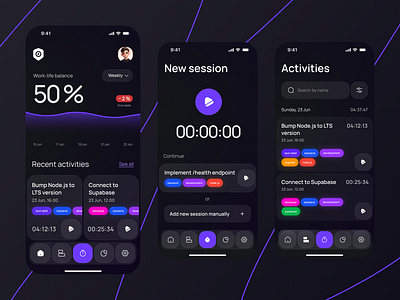 Kronolog — time tracking mobile app app design dark mode ios app mobile app mobile interface product design time tracking ui ux