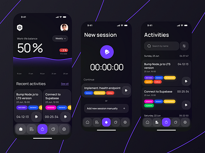 Kronolog — time tracking mobile app app design dark mode ios app mobile app mobile interface product design time tracking ui ux