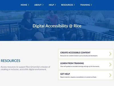 Landing page for Rice University's Digital Accessibility Dept. call to action higher education home page ui