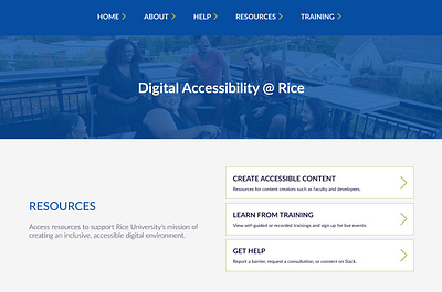 Landing page for Rice University's Digital Accessibility Dept. call to action higher education home page ui