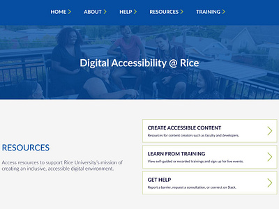 Landing page for Rice University's Digital Accessibility Dept. call to action higher education home page ui