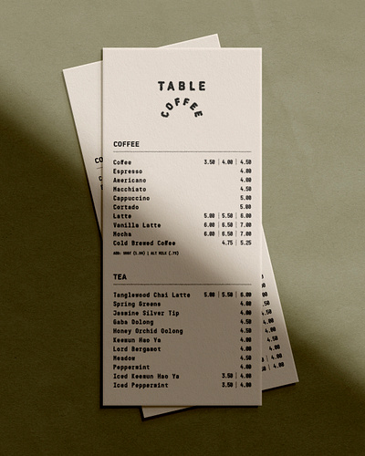 Table Coffee Menu brand identity branding cafe coffee coffee shop design graphic design logo menu design print design unto dust visual identity