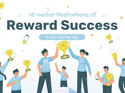 Reward Success Illustrations achievement business cartoon champion character flat design graphic design handdrawn illustration medal office worker success teamwork trophy ui vector winning team