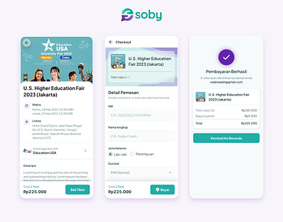 Seamless event ticketing experience, Soby App appdesign checkoutflow cleanui courseenrollment design ecommercedesign eventapp eventregistration illustration interactiondesign minimaldesign ui