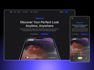 Makeup App Landing Page - SaaS app dark mode dark mode ui design landing page landing page design makeup makeup app responsive responsive landing page saas landing page ui ui design uiux uiux design ux design