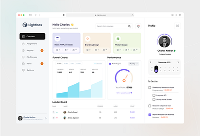 Lightbox - Student Dashboard UI Design analytics assignment courses dashboard leaderboard lightbox minimalist online class performance product design profile student study ui design ux research web de web design