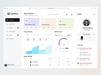 Lightbox - Student Dashboard UI Design analytics assignment courses dashboard leaderboard lightbox minimalist online class performance product design profile student study ui design ux research web de web design