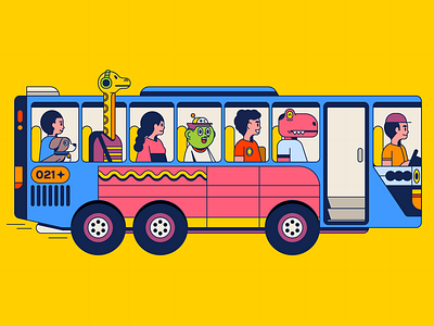 Commuter animation bus car character commuter design digital graphic design icon illustration indonesia jakarta monster people transport ui uniqlo yellow