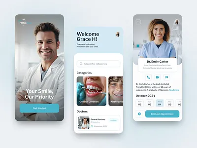 UI/UX Design for a Modern Dental Clinic Mobile App app appointment booking clean design dental clinic design doctor doctor profile figma healthcare healthcare app medical app minimalist mobile app mobile ui modern ui patient care uiux design user experience user interface web design