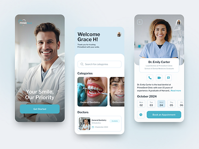 Dental clinic Mobile app app appointment booking clean design dental clinic design doctor doctor profile figma healthcare healthcare app medical app minimalist mobile app mobile ui modern ui patient care uiux design user experience user interface web design