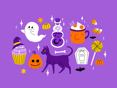 Halloween set 9 cartoon cat character collection concept cute design flat ghost halloween illustration set spooky vector