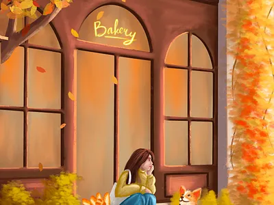 Golden Leaves and Warm Bread art artwork autumn bakery bread corgi digital art digital drawing dog drawing illustration procreate woman