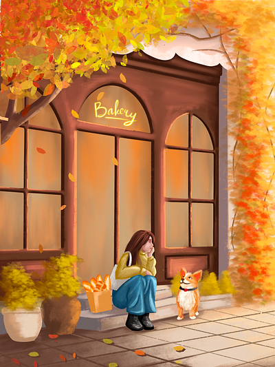 Golden Leaves and Warm Bread art artwork autumn bakery bread corgi digital art digital drawing dog drawing illustration procreate woman