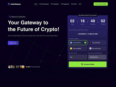 Coinchance Pre-Sale Landing Page Design 3d blockchain branding conversationdesign cryptosale landing page modren motion graphics presale sale tokesale ui ux wallet wallet connect website