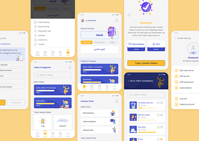 English language learning with Ananas app design english learning app english quiz learning language ui ui design user friendly app ux design