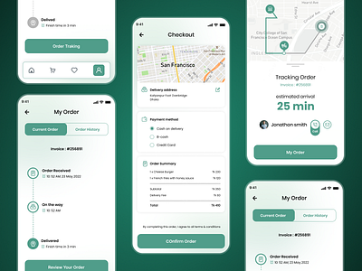 Food App: Checkout, Order and Tracking Order Pages animation app design branding checkout checkout page checkout screen creative food app food screen map mobile app mobile application mobile ui my order order food order screen order tracking ui ui design user app