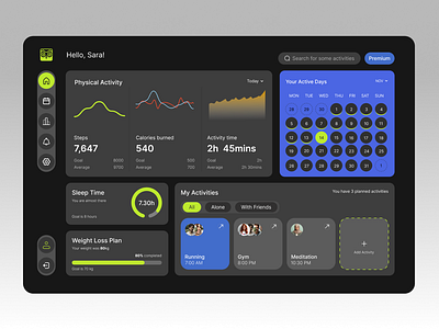 Activity Planner - Dashboard calorie chart dark mode dashboard insight planner product design ui uiux ux web web design