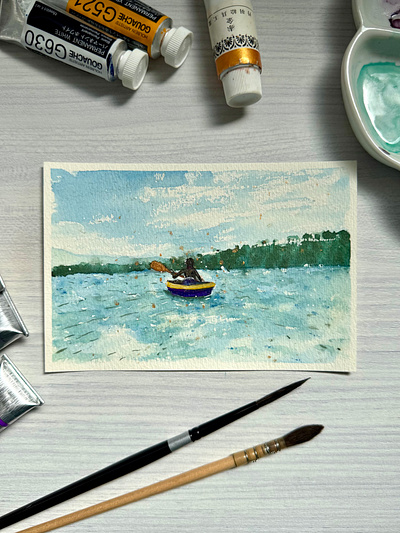 Kayak 🛶 - L'alphabet de mon jardin 2024 adventure blue boat clouds contemplation geneva gouache green holbein illustration kayak lake natasha gonzalez nature poetic sightseeing sport traditional art traditional artist water