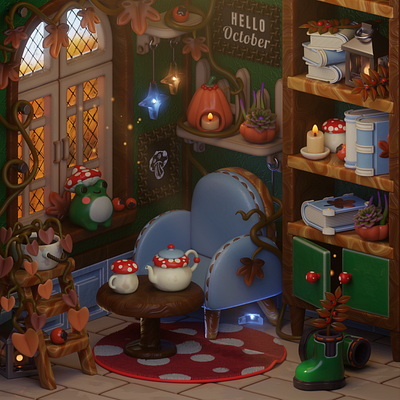 Hello, October 3d art autumn blender cartoon cozy fall frog game inspiration interior design isometric lighting render