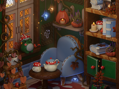 Hello, October 3d art autumn blender cartoon cozy fall frog game inspiration interior design isometric lighting render