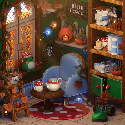 Hello, October 3d art autumn blender cartoon cozy fall frog game inspiration interior design isometric lighting render