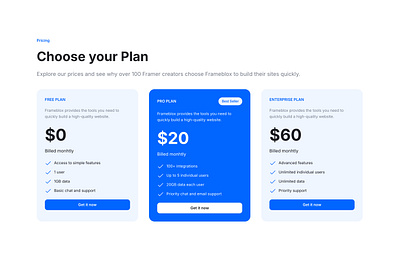 Clean Pricing Section for Framer - Frameblox UI blue clean minimal plans pricing pricing cards pricing table ui user interface