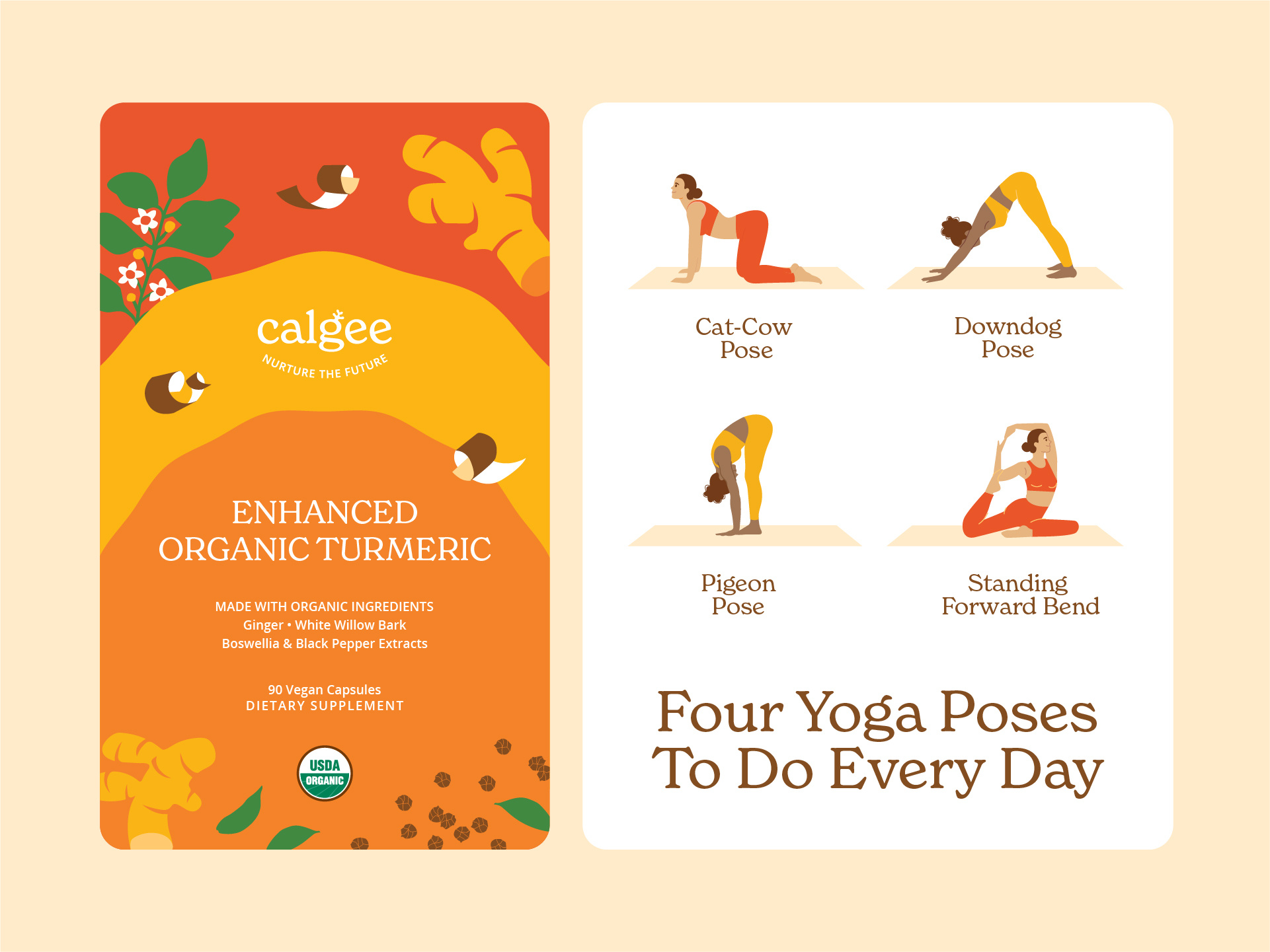 Turmeric Pouch Design & Yoga Poses branding design food health icons identity illustration organic packaging pepper poses spices supplement turmeric vitamins wellness yoga
