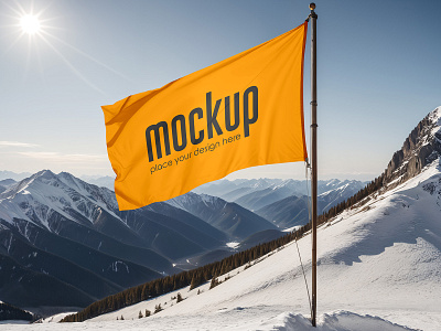 Flag Planted on Snow Mountain advertising fabric flag flagpole flagstaff free freebie logo mockup mountain outdoor pole snow textile